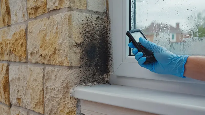 Moisture meter reading against a black mould stained wall