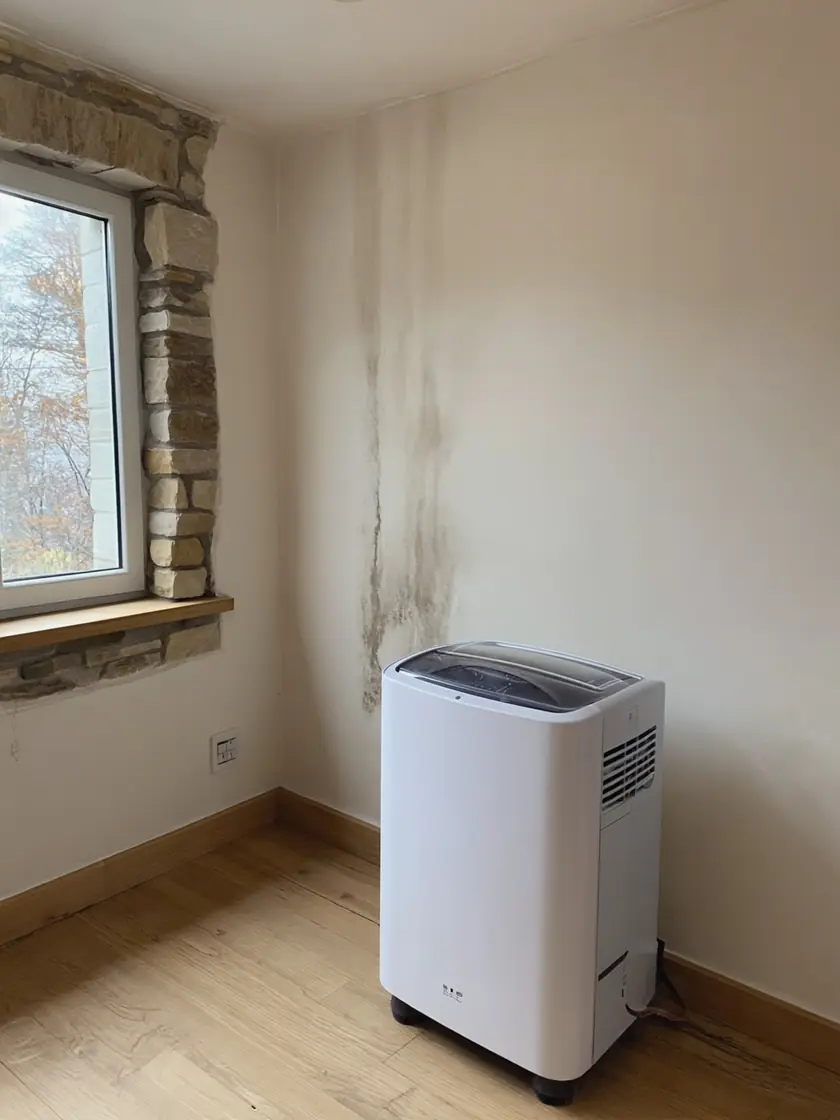 Dehumidifier running beside a damp affected wall