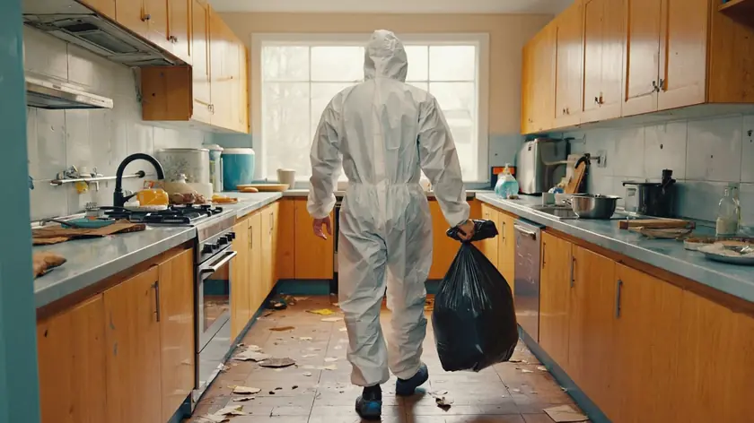 Technician clearing a severely neglected Bradford kitchen
