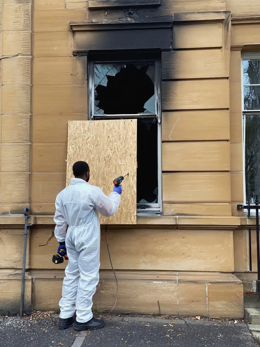 Emergency board up of a fire damaged Bradford property window