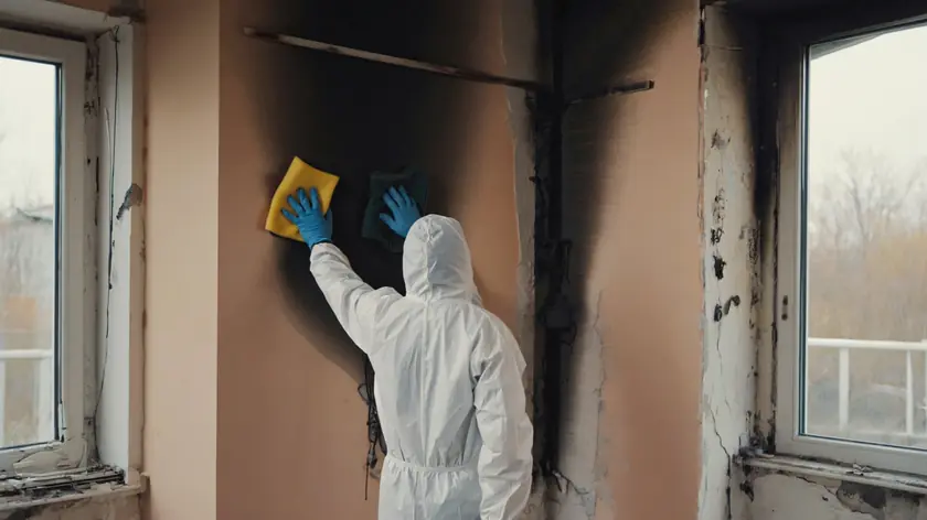 Technician cleaning heavy soot staining from a fire damaged Bradford property wall