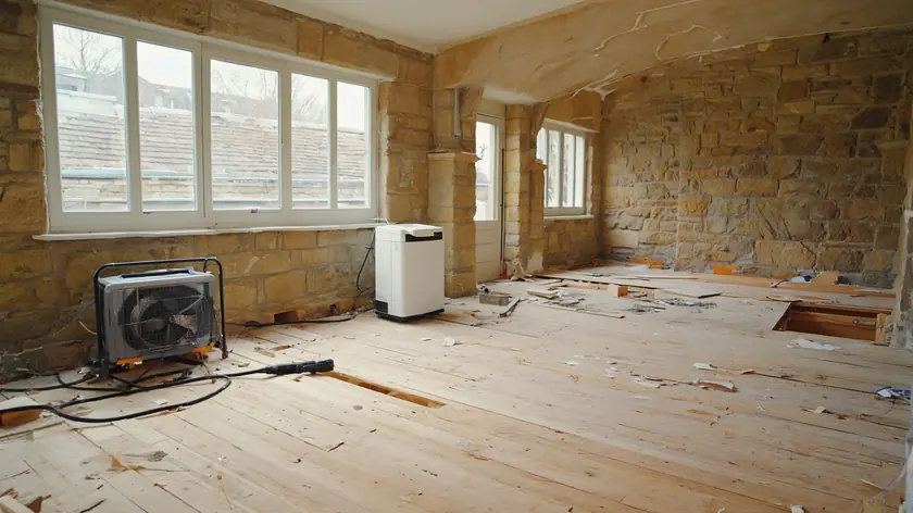 Air mover and dehumidifier drying a flood damaged stone terraced room in Bradford