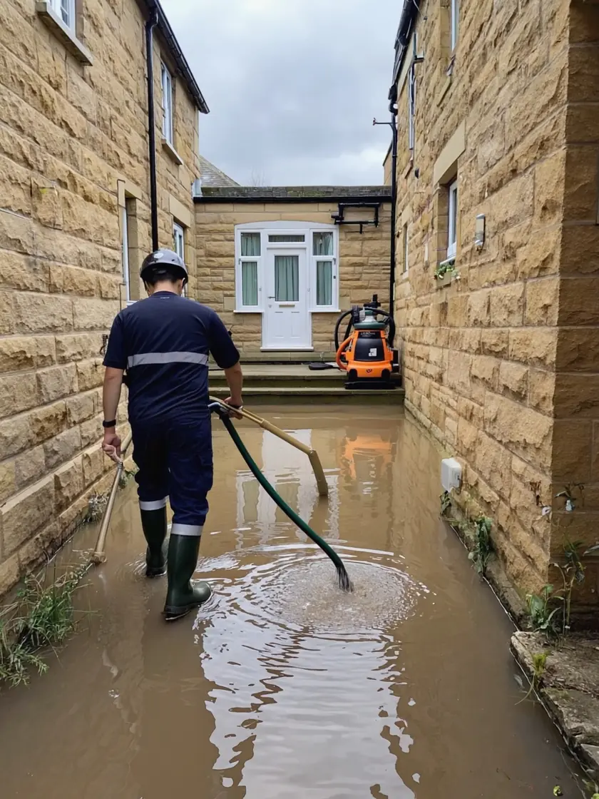 Technician extracting standing flood water from a hallway
