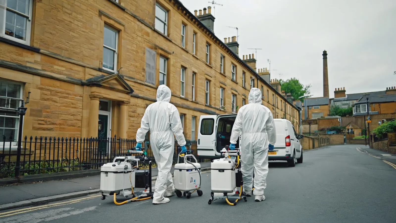 Bradford Bio Team technicians arriving at a sandstone terraced house in Bradford