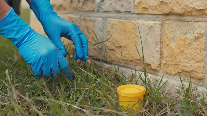 Gloved hands searching grass beside a stone wall during a needle sweep in Bradford