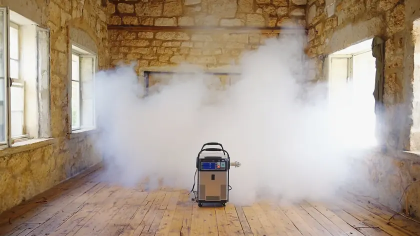 Thermal fogging machine treating a room during professional odour removal in Bradford