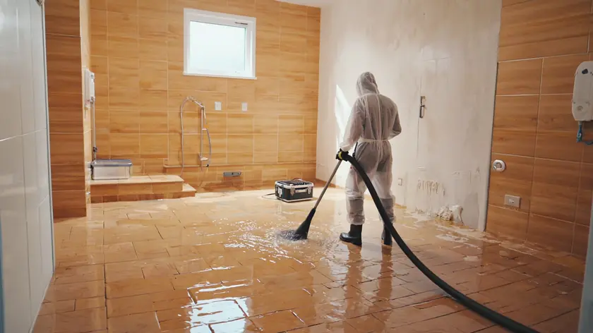 Technician extracting contaminated water from a Bradford utility room after a sewage backup