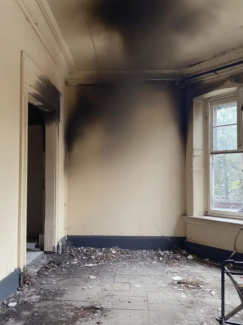 Fire and smoke damaged room in a Bradford home before professional cleaning