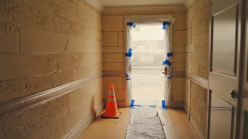 Containment sheeting sealed across a domestic doorway