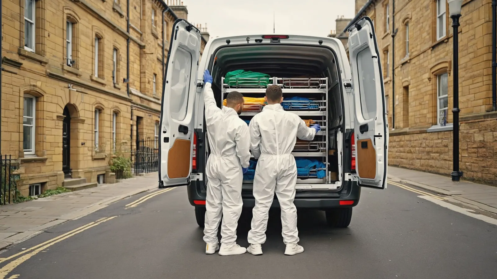 Bradford Bio Team technicians loading equipment into an unmarked van on a Bradford street