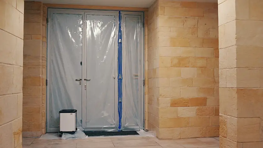 Sealed containment doorway prepared for trauma cleaning in a Bradford property